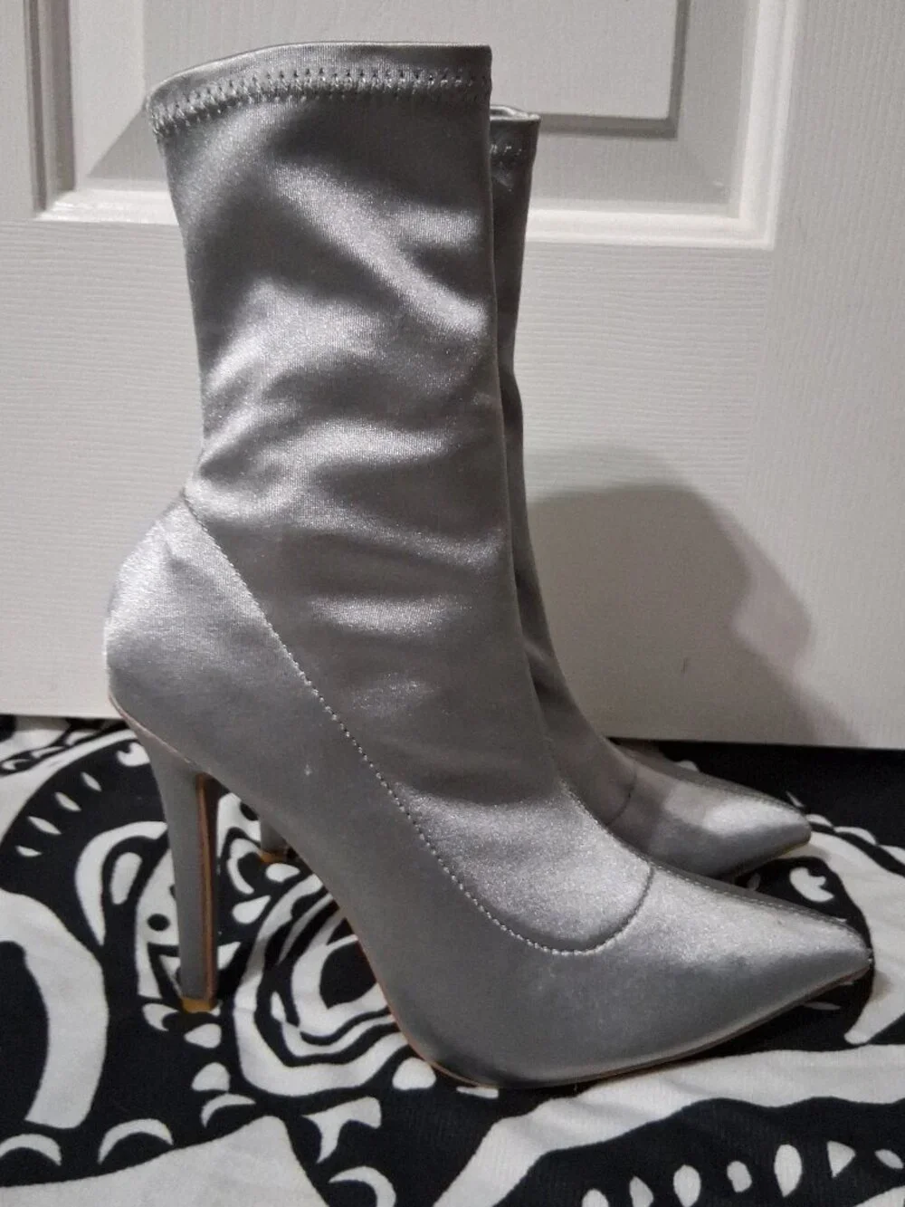 Qupid Silver Stretch Satin Sock Boots Pointed Toe Stiletto Heels